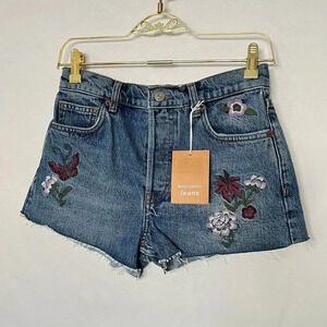 Reformation High Waisted Charlie Jean Denim Shorts Fauna Embroidery Blue Raw Hem